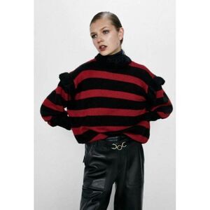 Zara Women Striped Sweater Ruffle Detail S Red